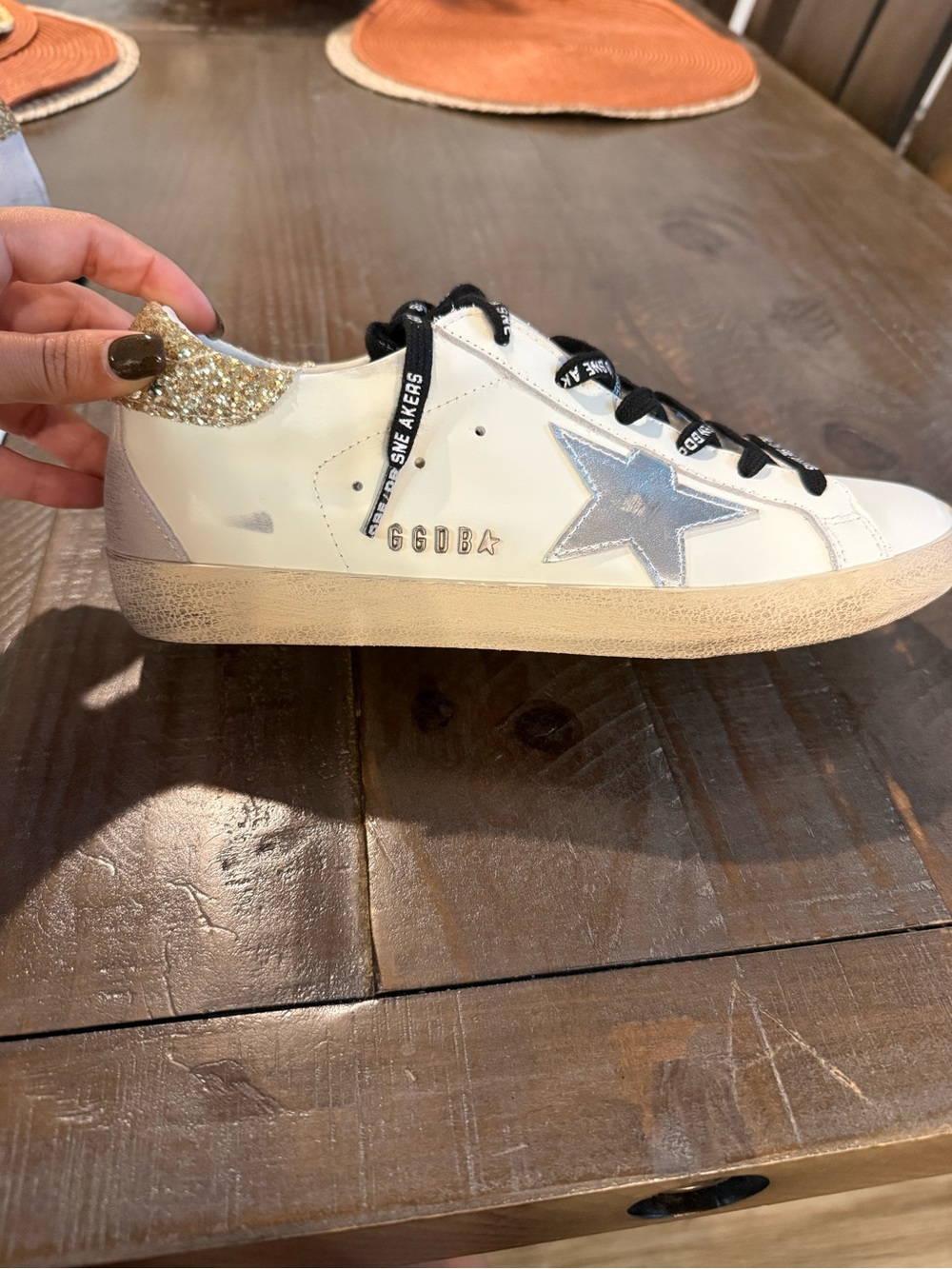 Golden Goose White Sneakers with Silver Star and Gold Glitter Heel - Picture 2 of 8